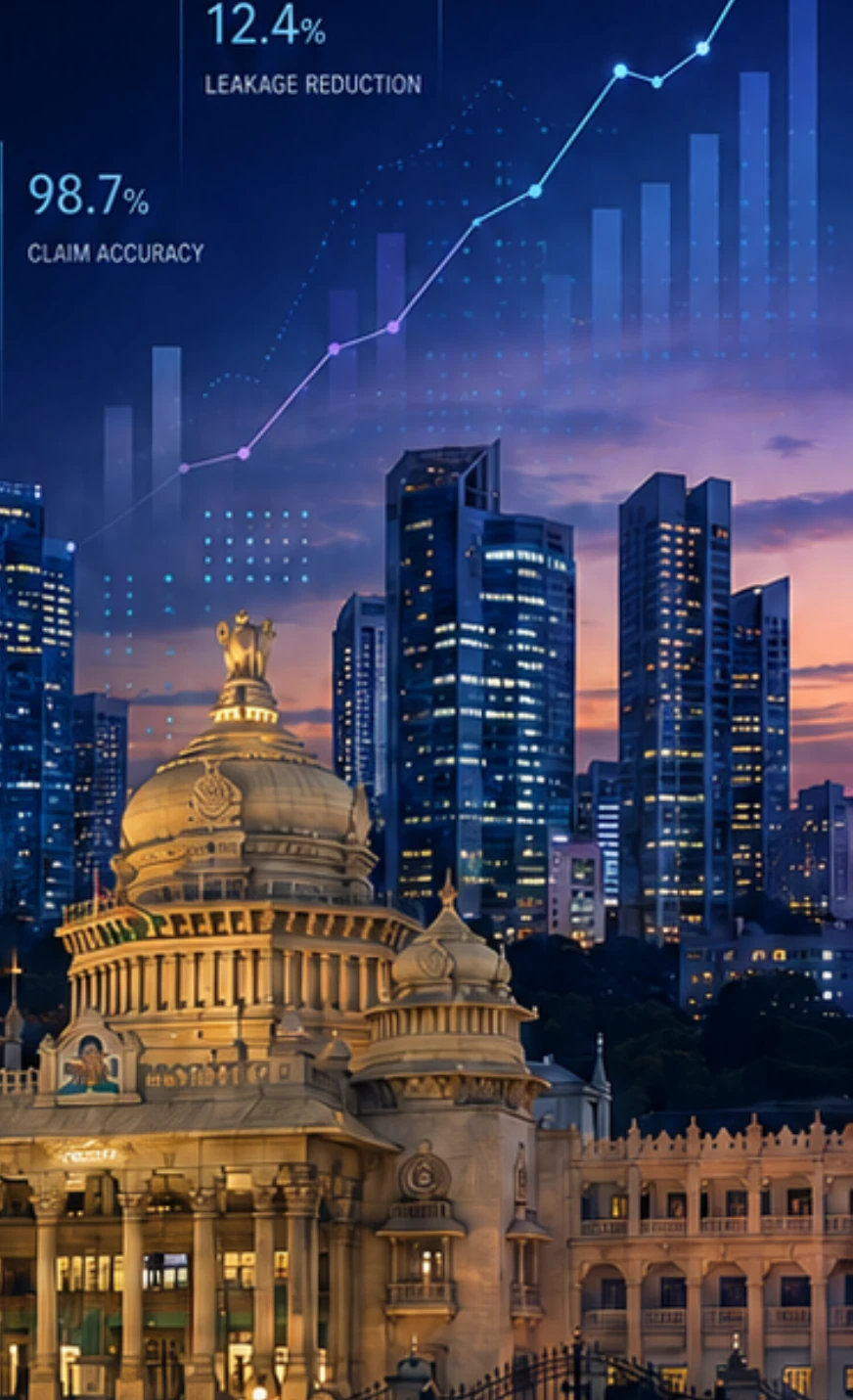 Bengaluru skyline, Vidhana Soudha and healthcare claims transformation visual